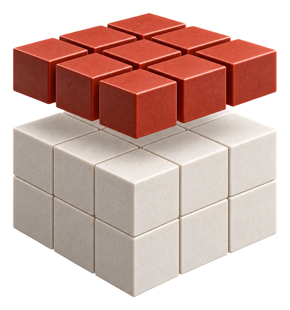 A red layer of cubes floating above a white block: intelligence added on top of the system you run
