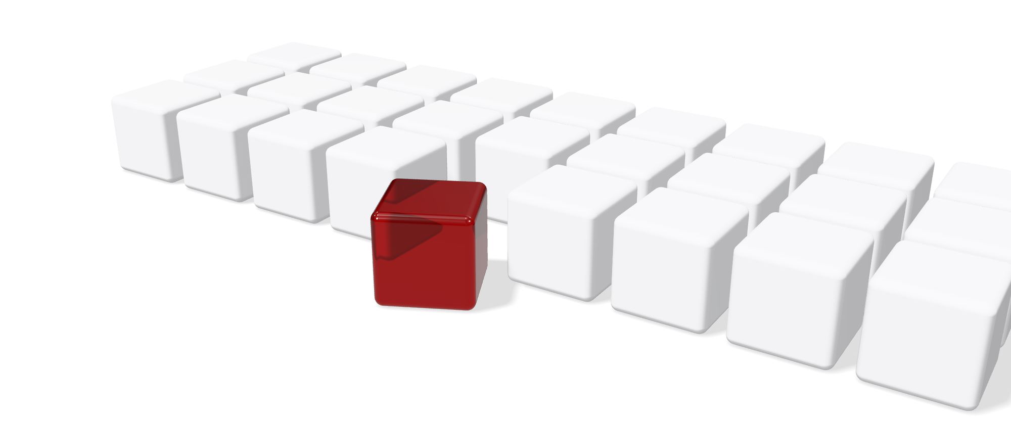 A row of white cubes with one red glass cube pulled out of line