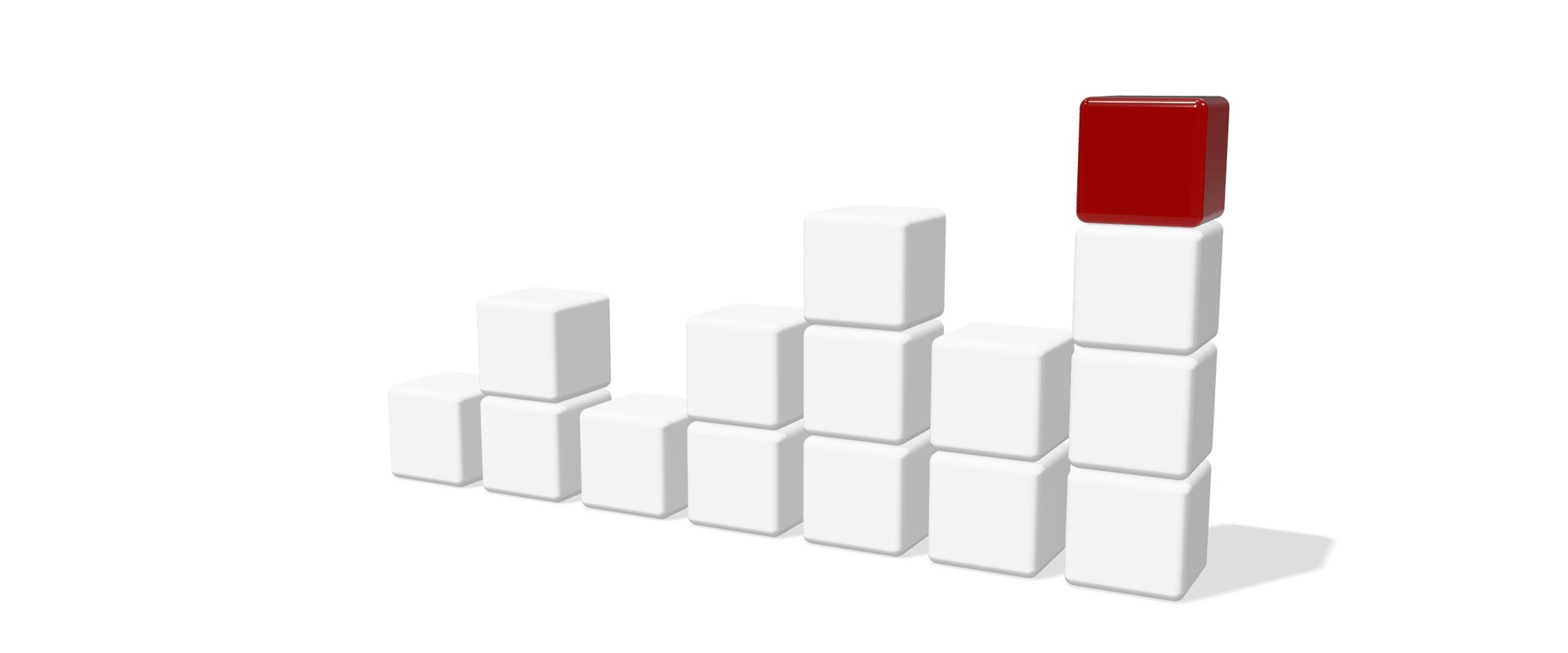 Stacks of white cubes rising in height, topped by a red glass cube