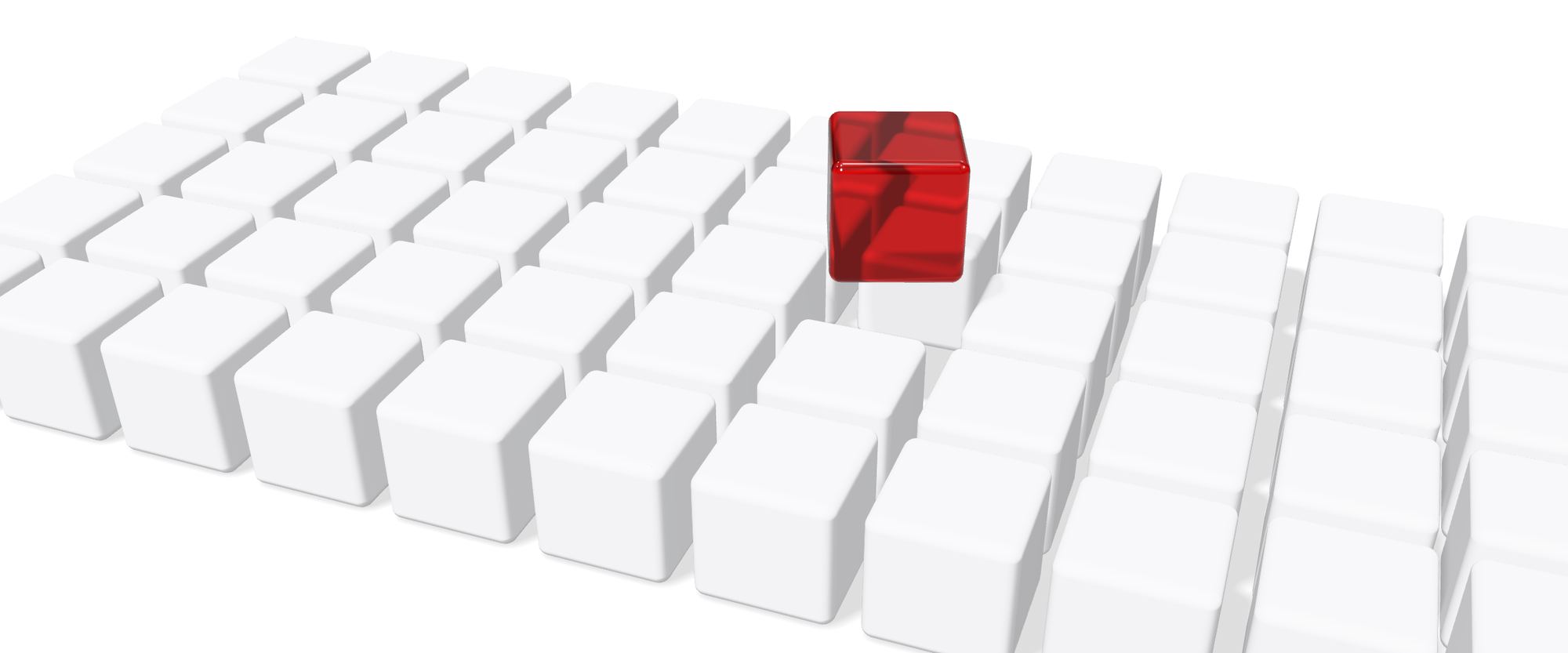 A field of white cubes with one red glass cube rising out of it